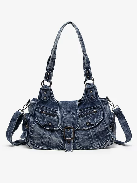 Cross-Border Women's Fashion Multi-Pocket Denim Tote Bag Trendy Washed Shoulder Crossbody Handbag