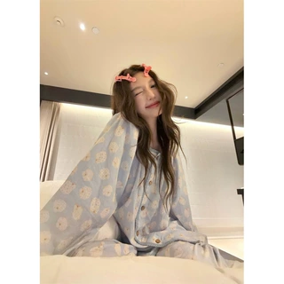 韩国ins甜美软妹小绵羊日系撞色花边棉家居服睡衣套装