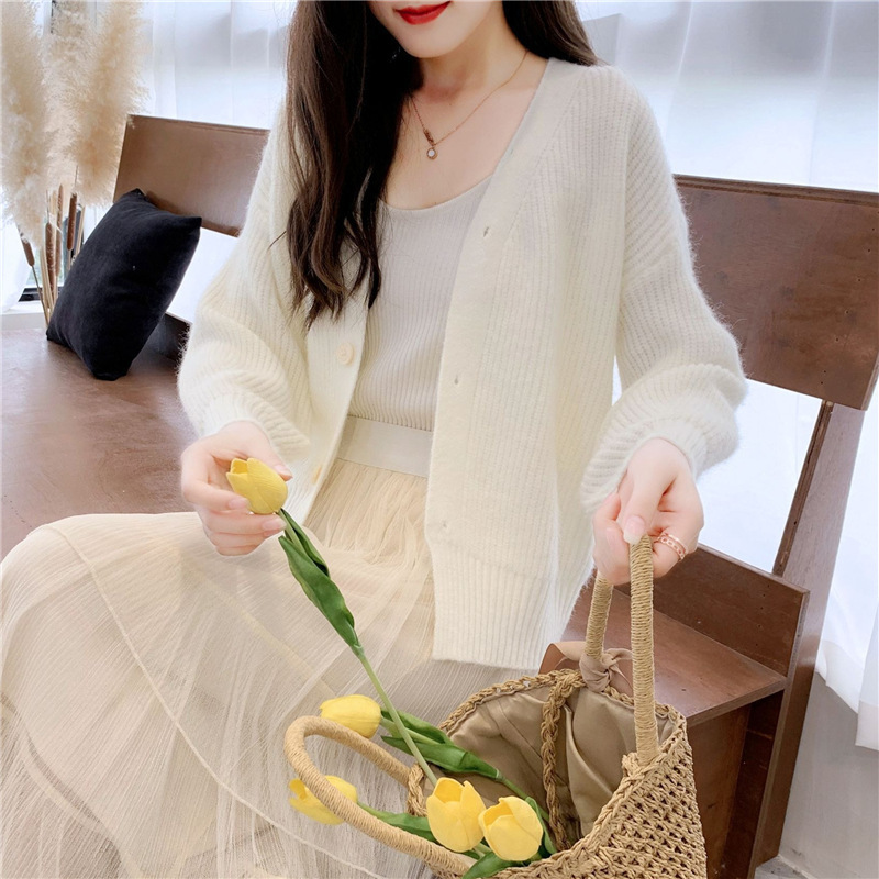 French V-Neck Candy Color Long Sleeve Cardigan Women's Loose Knit Sweater Coat Casual Elegant Outerwear_ecoleips.com