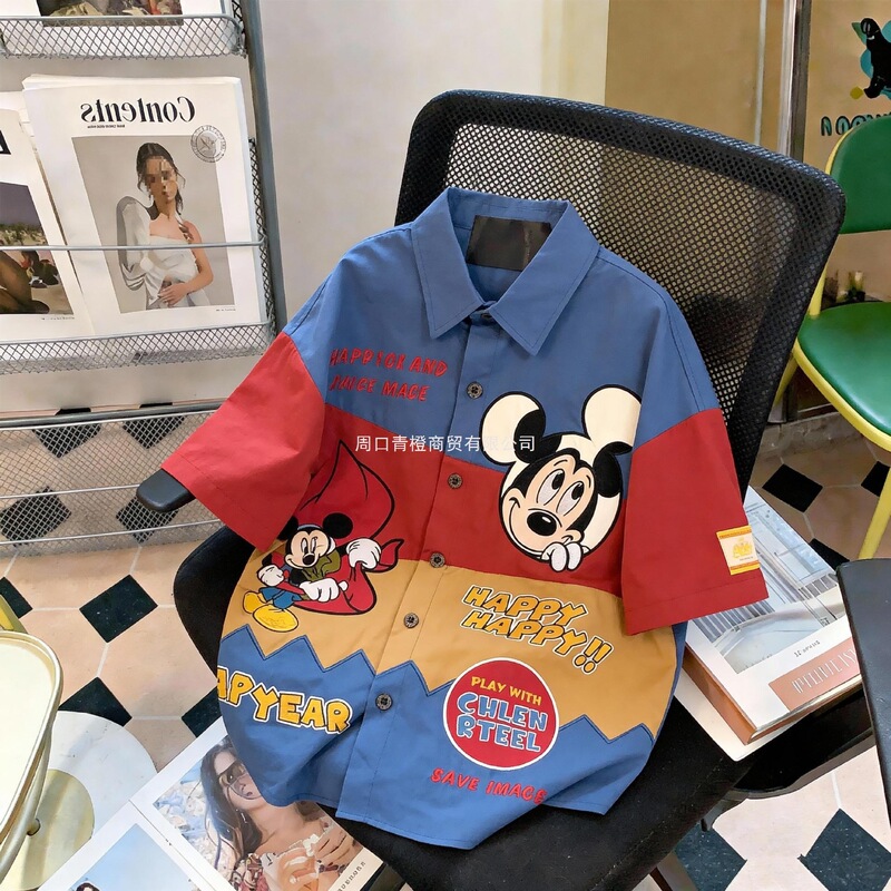 Japanese-Style Cartoon Mickey Mouse Print Patchwork Color-Blocking Short-Sleeve Shirt, Unisex Loose Retro Vintage Style Shirt