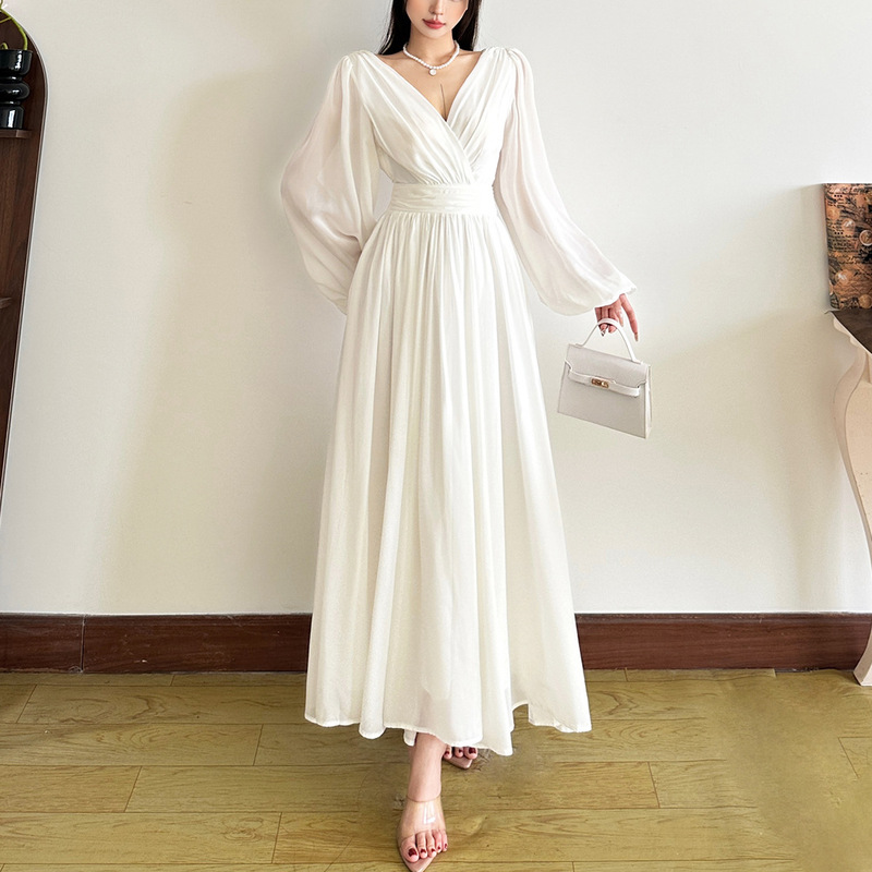 Cross-Border European and American Style 2025 New Autum Women's Lantern Sleeve Waist Slimming Look Mid-Length Elegant Dress