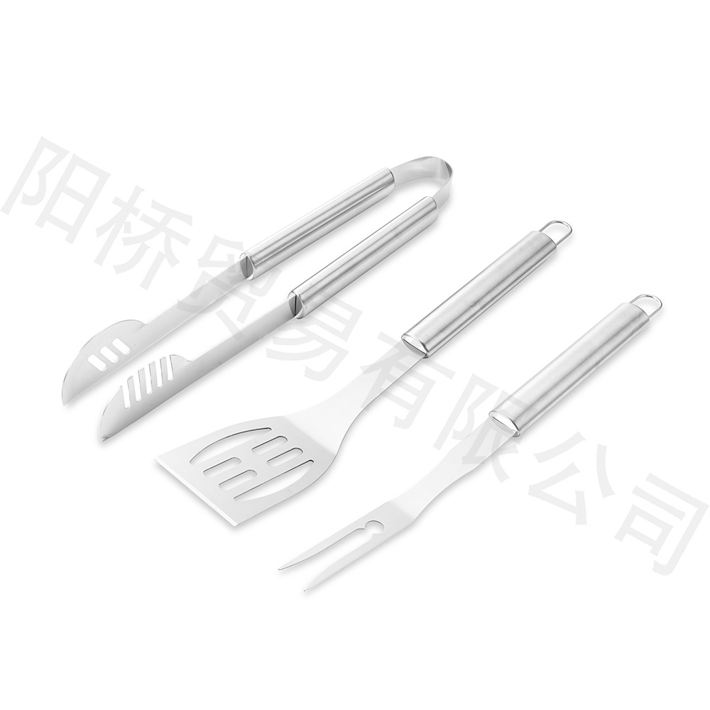 Fábrica Amazon barbacoa al aire libre herramienta tenedor pala clip cuchillo tubo redondo mango Acero inoxidable parrilla traje combinación