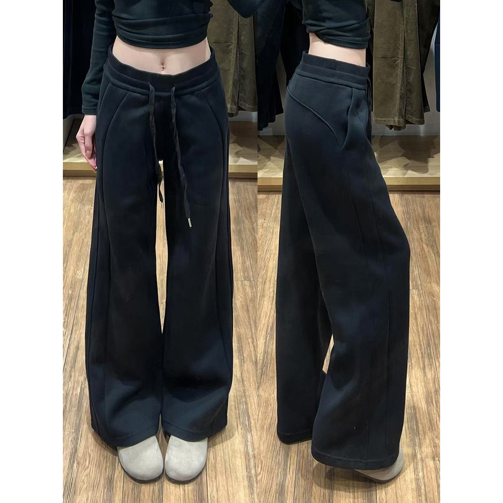 American-Style Spicy Girl Lulu Same Style Drapey Sweatpants for Women, Spring, Autumn, Winter, Fleece-Lined, Relaxed Wide-Leg Floor-Length Pants