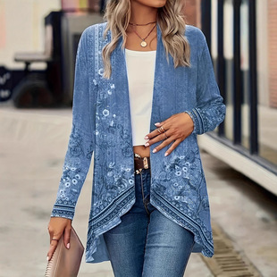 2025 Autumn European and American Cross-Border Cardigan Buttonless Long Sleeve Plant Flower Print Women's Cape Windbreaker Large Size Women's Clothing