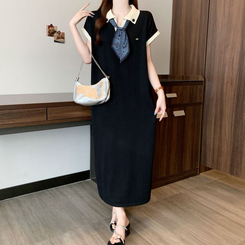 巨好看宽松领连衣裙女夏季大码微胖显瘦遮肚高级感直筒长裙|undefined