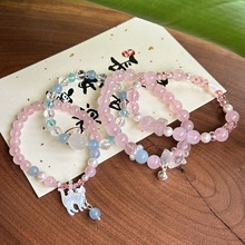 天然粉水晶手链桃花卡通小猫雕刻件抖音小红书爆款源头工厂