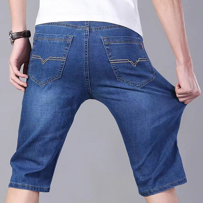 Summer Thin Denim Shorts for Men, Knee-Length Straight-Leg Stretch Workwear, Durable and Wear-Resistant Mid-Length Shorts for Construction Sites