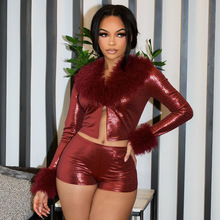 D25ST506欧美女装冬季新款蟒纹烫金毛毛长袖上衣紧身短裤两件套装