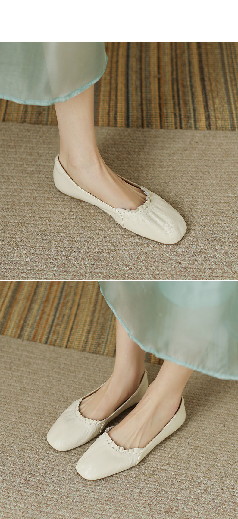 Giày ballet nữ đế bằng da bò mềm mũi tròn phong cách văn nghệ — Màu đỏ rượu chi tiết 12