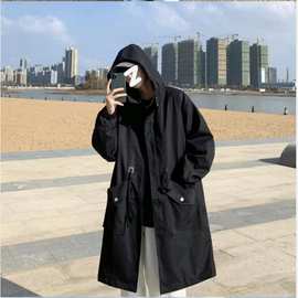 港风休闲风衣男中长款衣服百搭连帽工装韩版潮流宽松过膝夹克外套