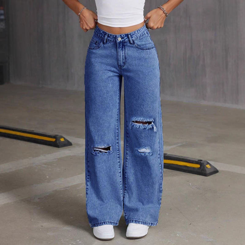 欧美跨境2025新款宽松浅蓝色水洗阔腿牛仔裤纯色长裤WOMEN JEANS|undefined