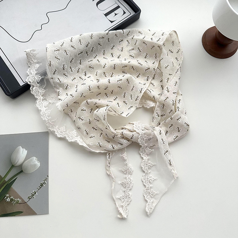 Flor francesa idílica dulce pañuelo de cabello de encaje empalme decoración retro pañuelo triangular bandana bufandas de seda correa de cabello