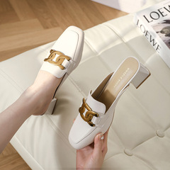 真皮包頭半拖鞋粗跟外穿穆勒涼拖鞋2023夏季新款百搭中跟半托單鞋