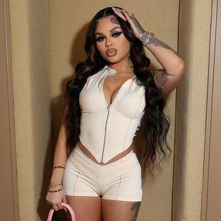 D9783 Amazon European and American Best-Selling Women's Sexy Lapel Sleeveless Shorts Suit (Zipper on the Back of the Pants)