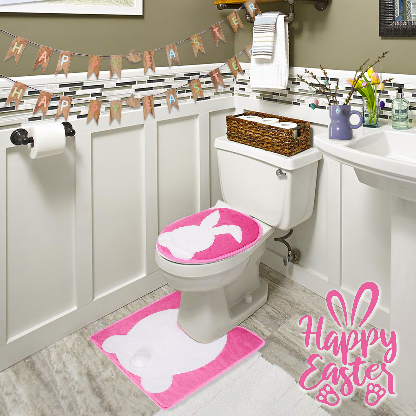 Nuevos productos transfronterizos decoración inodoro fiestas inodoro almohadilla de dos piezas set decoración conejo de Pascua inodoro almohadilla de pascua
