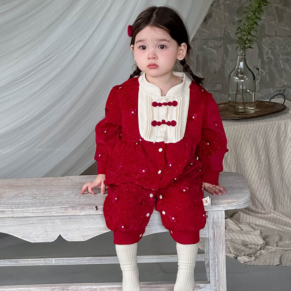 Ropa de otoño e invierno para bebés, estilo occidental, una pieza de estilo chino, ropa de felicitación de Año Nuevo para bebés gruesos, vestido de mujer de un año de invierno
