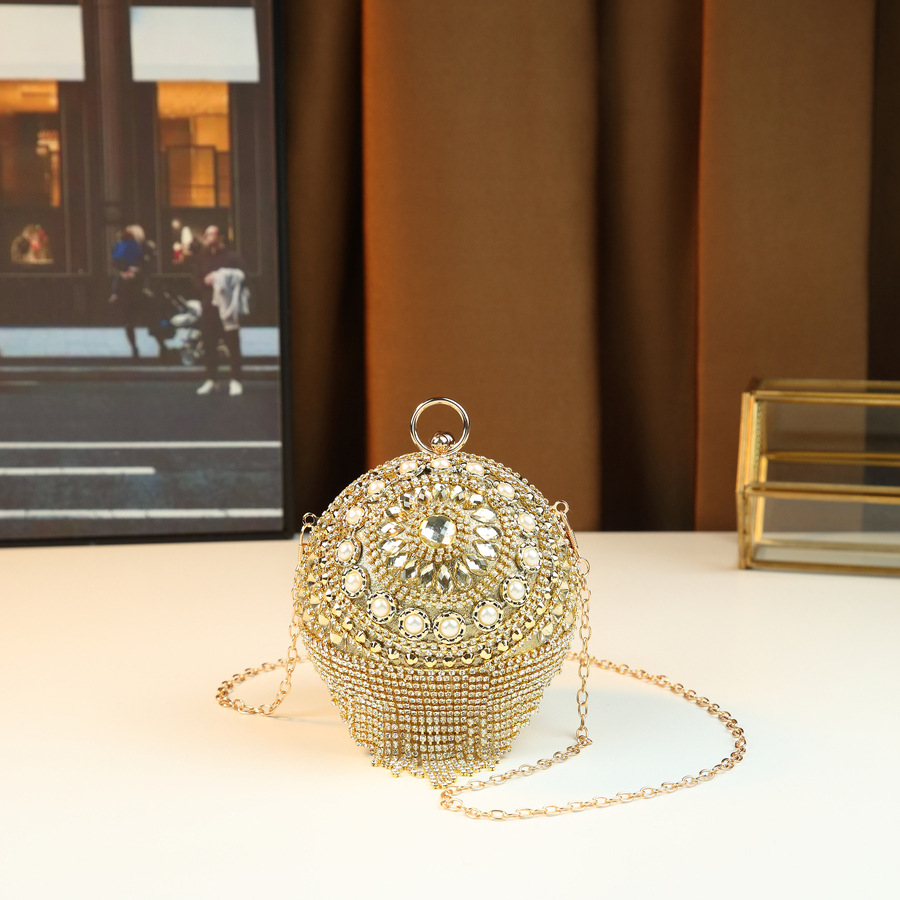 Women's Full Diamond & Pearl Embellished Metal Chain Crossbody Shoulder Bag Glamous PU Leather Handbag For Weddings And Parties_voghion.com
