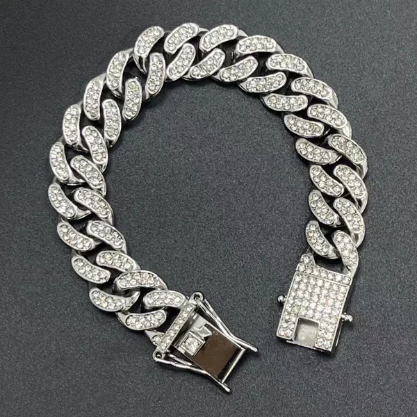 Cross-Border 13mm Cuban Chain Bracelet Quality Alloy Diamond Men's and Women's Bracelet European and American Hip-Hop Jewelry Wholesale