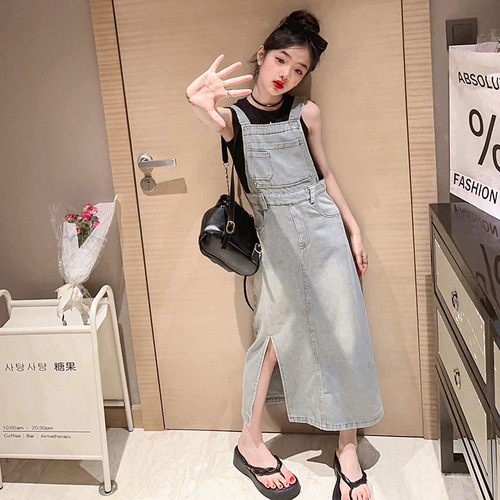 Girls denim suspender skirt summer long 2024 new Korean version loose high waist college style retro slit long skirt