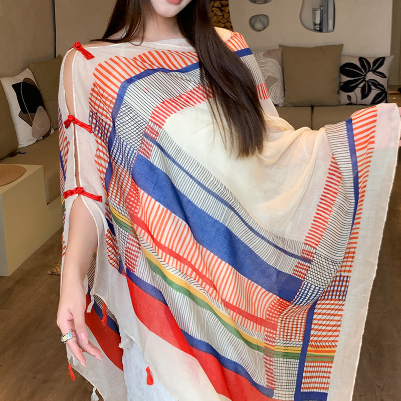 女性用夏の日焼け止め薄いショール、カラフルなストライプのボタン付きエスニックスタイルの旅行着用シルクスカーフ、海辺のビーチガーゼスカーフ|undefined