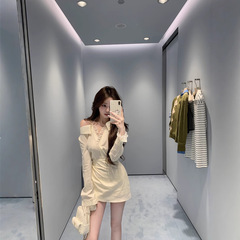 Pure Lust Style オフショルダー長袖シャツドレス レディース 早春レースサスペンダースカート