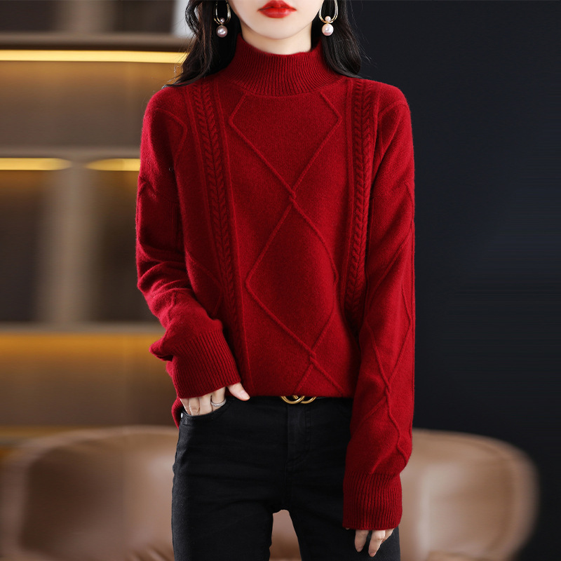 2024 New Arrival 0 Wool Arran Strand Half-high Collar Wool Pullover Sweater Pullover Wear Slimming Wool