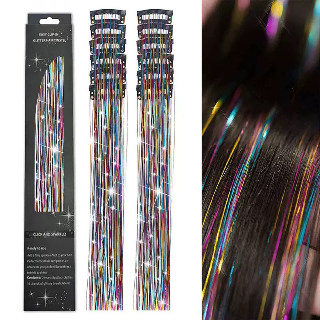 6-Piece Set of Tinselhair Laser Gold and Silver Thread Gift Box Bb Clip Single Card Wig Piece Ready-Made Long Straight Hair