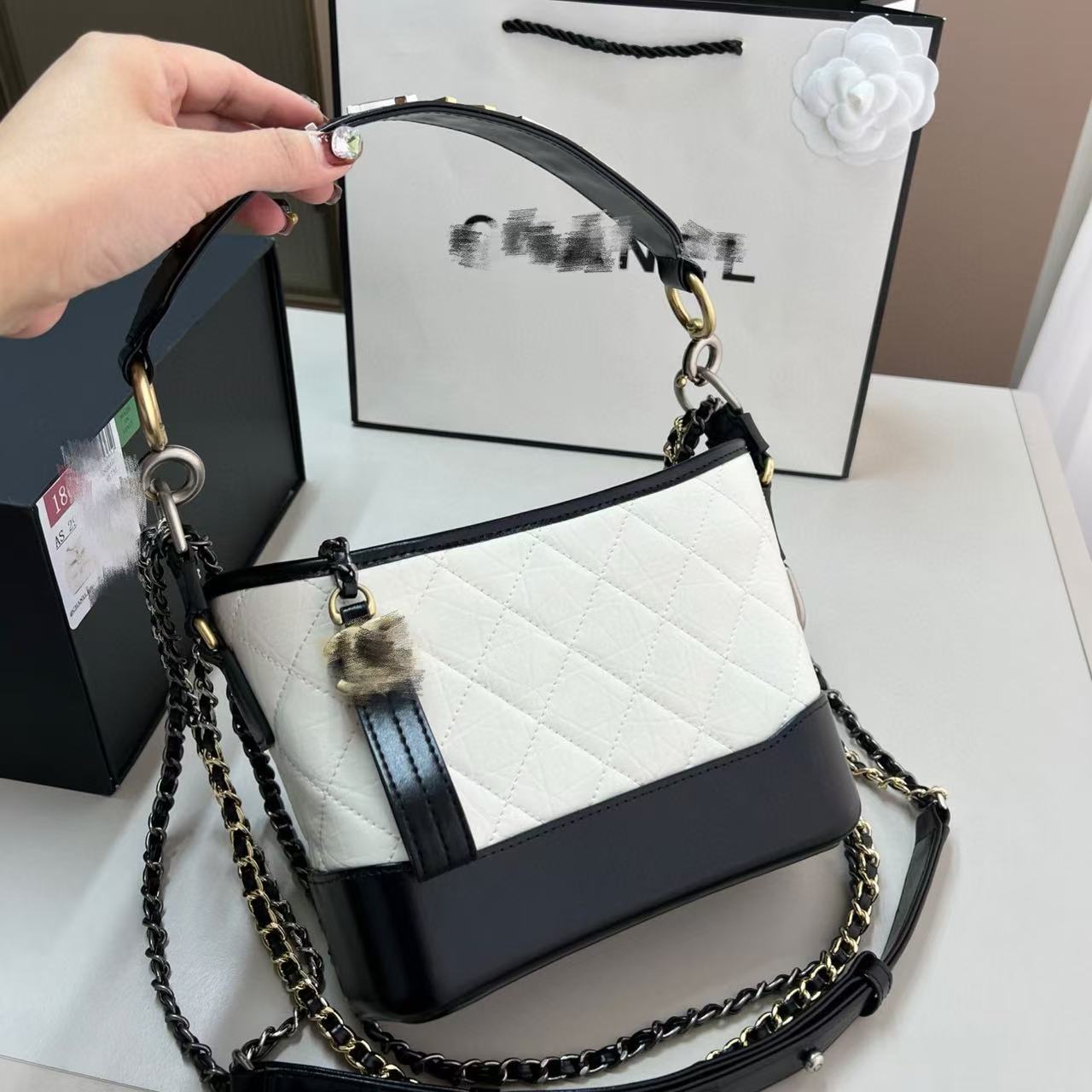 Classic Quilted CF Handle Mini Bag Black & Gold Original Lambskin Women's Genuine Leather Handbag Shoulder Crossbody Square Bag - Thumbnail 7