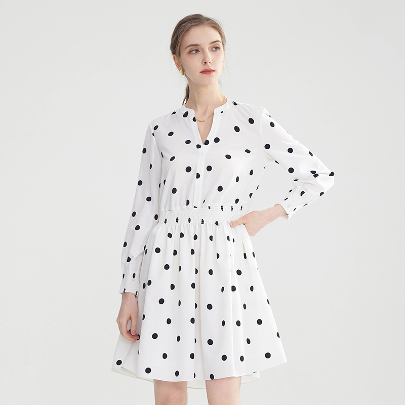 Printed Dress Summer Women's Tight Waist Slimming Minimized Style Casual V-Neck Mid-Length Long-Sleeved Polka Dot Dress for Petite