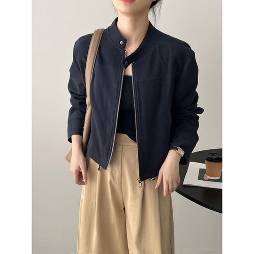American Retro Stand Collar Short Coat for Women Autumn/Winter Petite Size Flight Jacket with Elegance