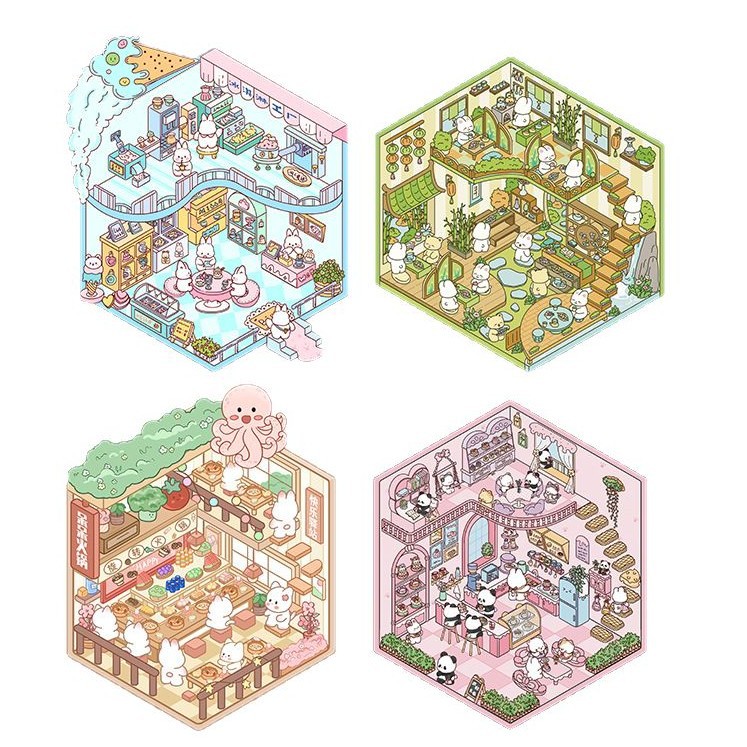 Etiqueta engomada de paisaje en miniatura de la casa de té de estilo antiguo coreano Etiqueta engomada de cabina de paisaje lindo estilo ins original Etiqueta engomada de dibujos animados de bricolaje