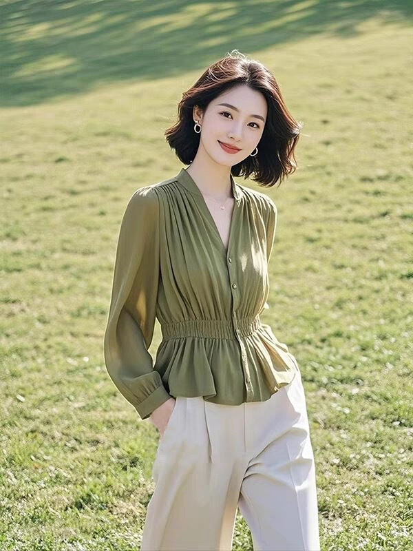 秋季小众通勤穿搭重要场合小衫设计感绿色收腰衬衫裤子两件套装|undefined