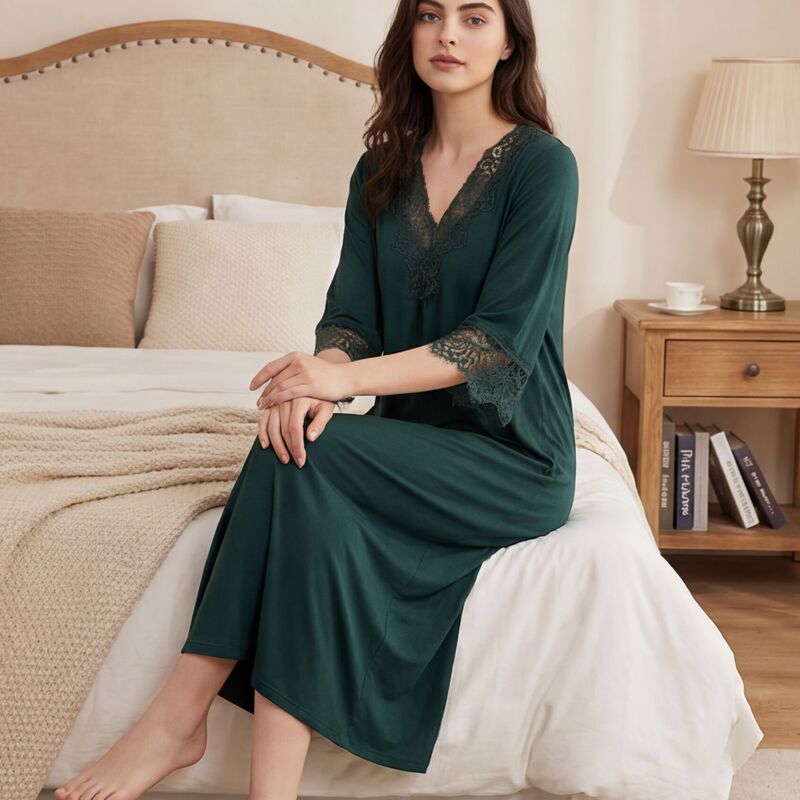 Foreign Trade Sexy Lace Robe Nightgown with Three-Quarter Sleeves, Women's Sleepwear for Spring and Summer, Mid-Length Thin Home Wear Nightgown