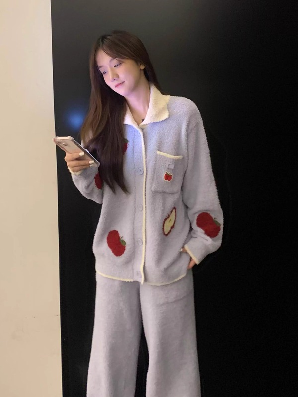 韩系甜美小苹果半边绒睡衣女秋冬季新款加厚保暖家居服套装可外穿|undefined