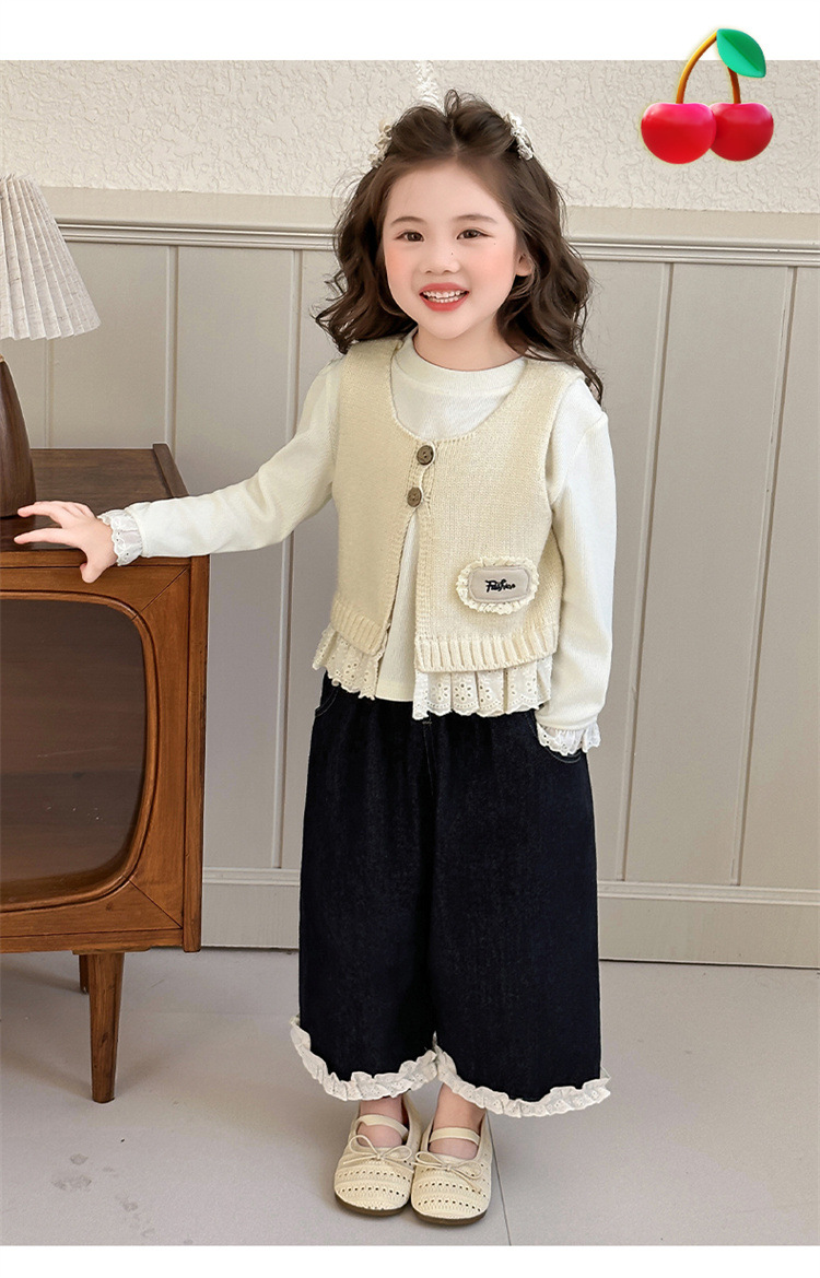 Dreiteiliges Strickwesten-Set für Mädchen, Herbst 2025, neue koreanische Kindermode, Strickweste und weite Hose_voghion.com