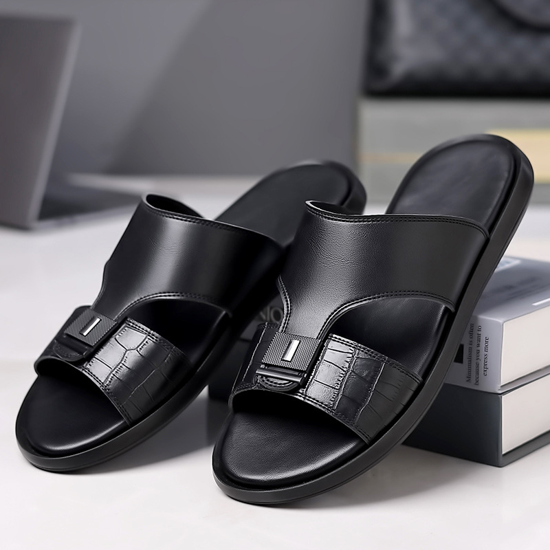 Men's Leather Outdoor Beach Slippers With Soft Sole And Open Toe_voghion.com
