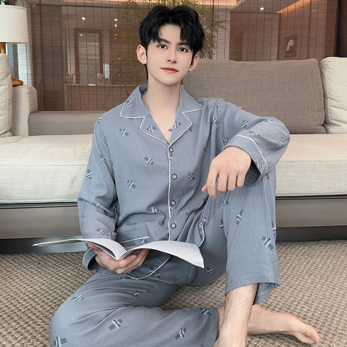 2025 nuevo pijama de primavera y otoño de hombre nubes de algodón de manga larga con la solapa de vestir de casa para niños set de verano