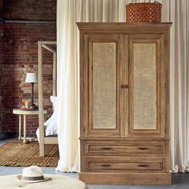 法式实木复古做旧双门柜卧室储物柜藤艺橡木实木衣橱收纳柜可定制