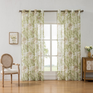 American Cross-Border Printing Hot Stamping Leaf Window Screen Transparent Curtain Semi-Shading Ready-Made Wholesale Factory Direct Supply