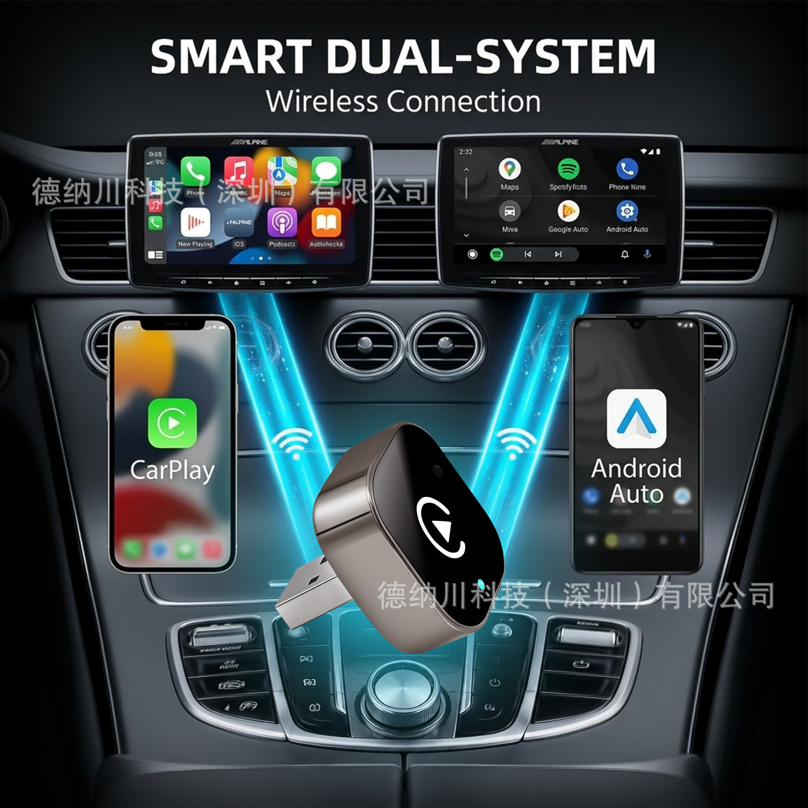 Cross-border wireless CarPlay adapter, compatible with wired connections, for in-car navigation, supporting both Apple and Android devices, dual-mode