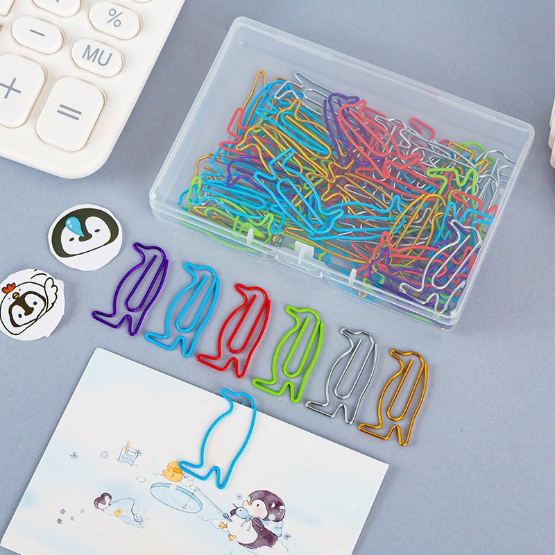 热销企鹅动物回形针50枚盒装金属趣味彩色曲别针办公用品书签夹子