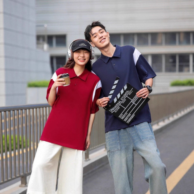 240g Color-Blocked Short-Sleeved Polo Shirt Customized Class Uniform Student Shirt Printed Logo Burgundy Lapel T-Shirt Group Uniform