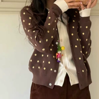 法式复古咖色波点撞色假两件针织开衫女早秋穿搭洋气外搭通勤上衣