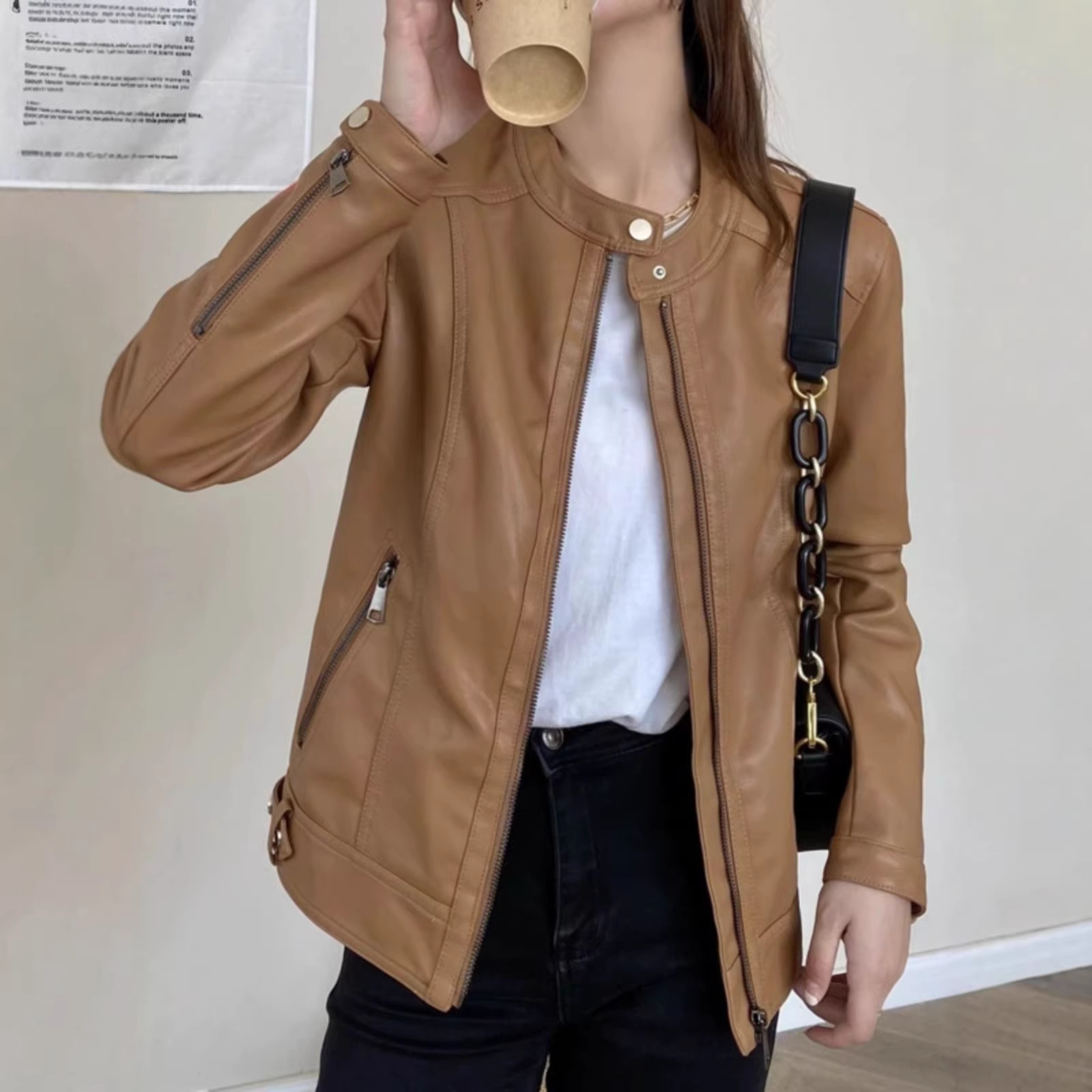 Korean Fashion Motorcycle Leather Jacket Women's Short 2025 New Autumn and Winter Style Slim Elegant Stand Collar Pu Leather Jacket