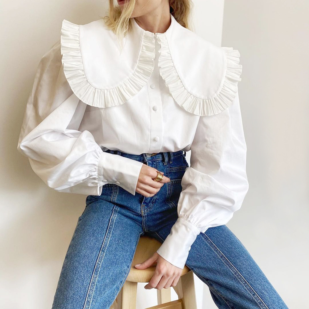 doll collar long-puff sleeve slim solid color shirt NSSQS124287