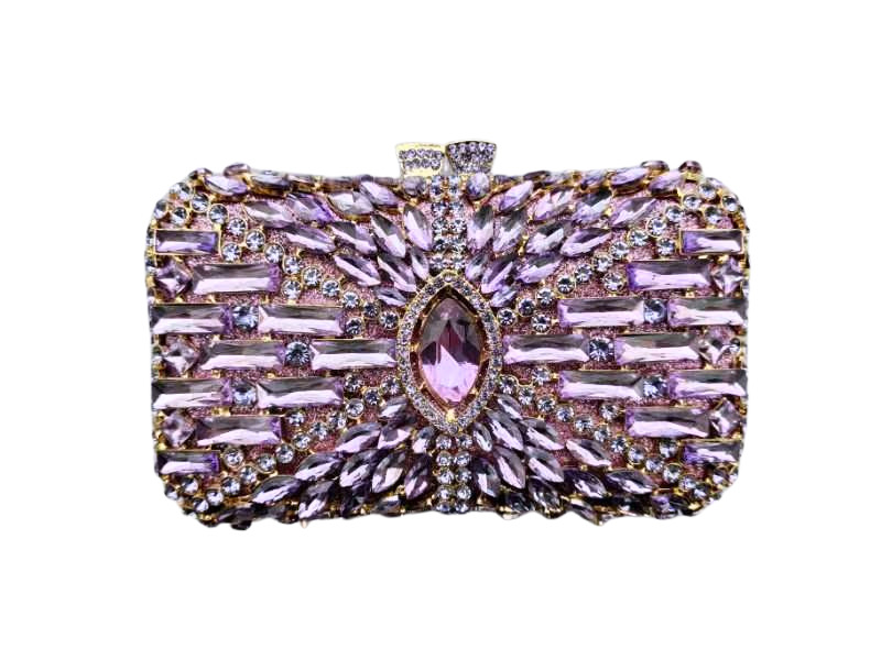 Túi clutch nữ đính đá rhinestone hộp cứng kim loại cầm tay dạ hội — Màu hồng, Hoa violet, Đế vàng kim cương, Màu sâm panh chi tiết 14