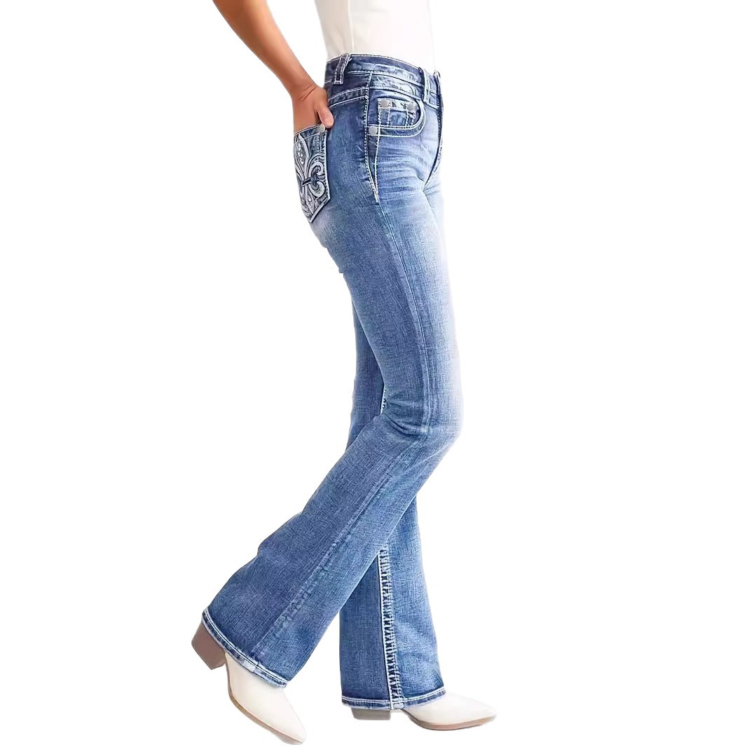 Jeans Rectos Bordados para Mujer, Mezclilla de Algodón, Cintura Alta, Alta Elasticidad image 6