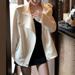 ti小姐姐白巧恋人麂皮外套女秋米白色设计感机车风宽松夹克