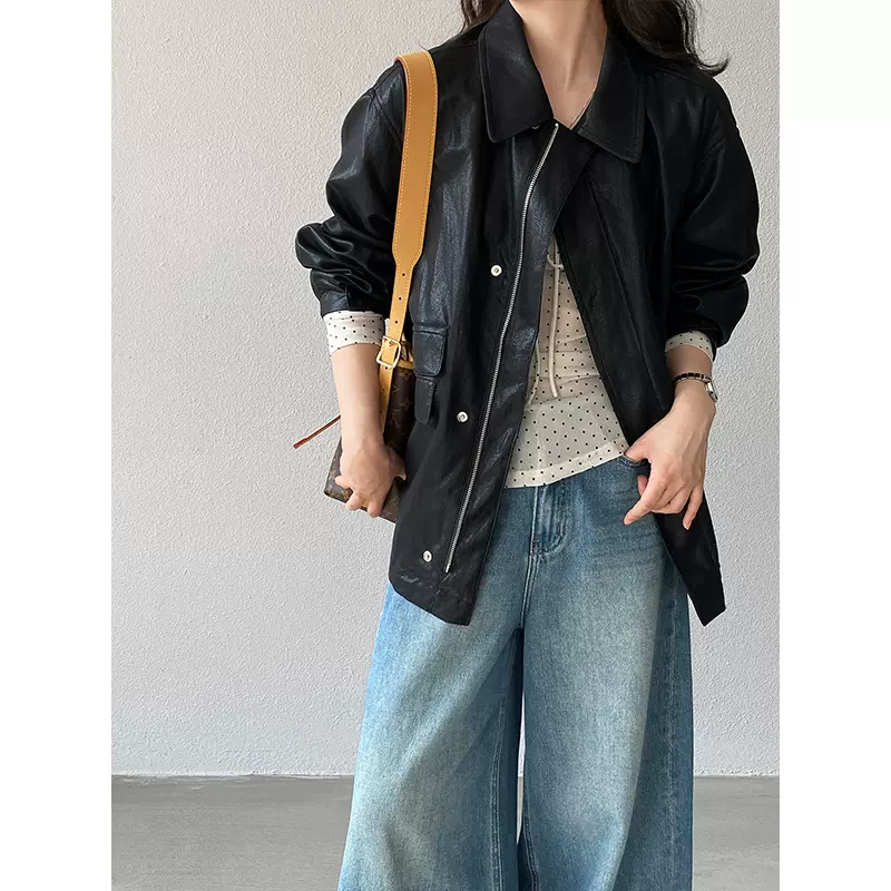 江左 复古蛋白皮设计感皮衣女早春时髦休闲短款夹克pu皮外套 8123