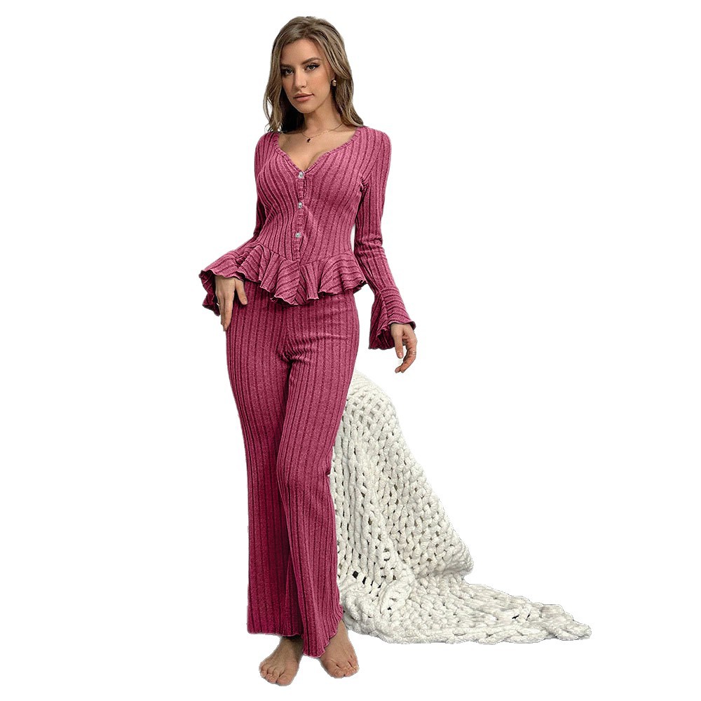 Otoño y invierno nuevos productos europeos y americanos damas cardigan de cuello en V con cuerno de manga larga pantalones largos pijamas set de ropa para el hogar